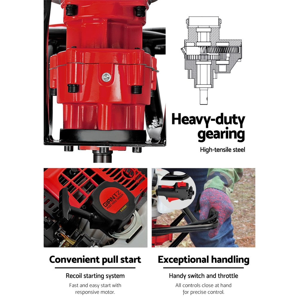 Giantz 92CC Petrol Post Hole Digger Drill Borer Fence Extension Auger Bits - Pet And Farm