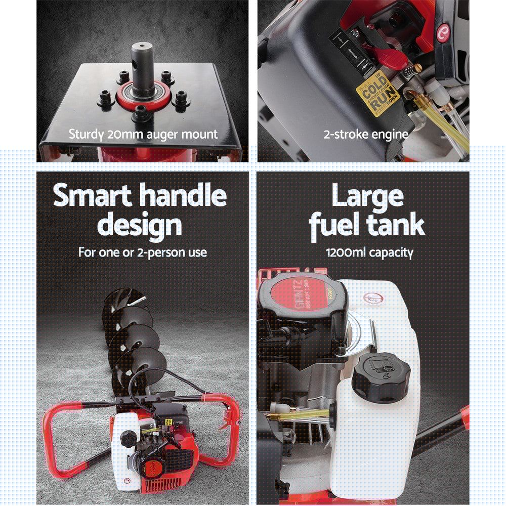 Giantz 80CC Petrol Post Hole Digger Drill Borer Fence Extension Auger Bits - Pet And Farm
