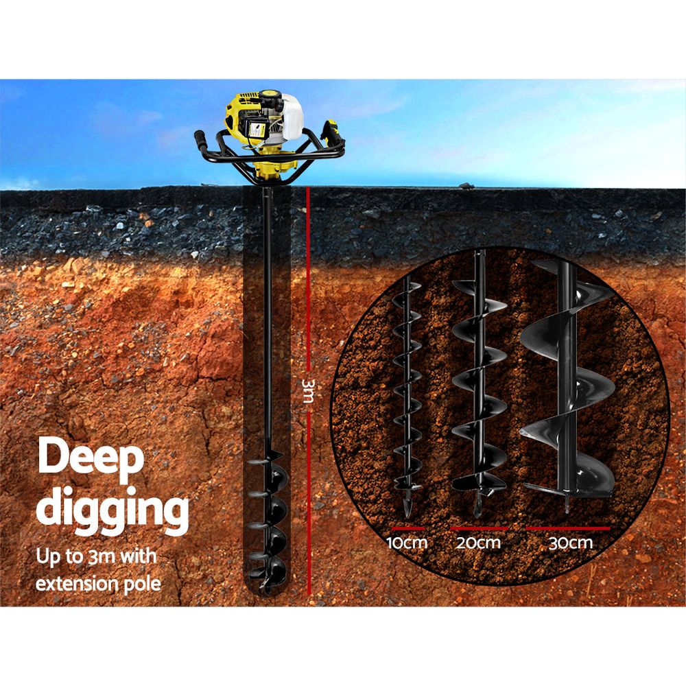 Giantz Post Hole Digger 92CC Petrol Auger Diggers Drill Borer Fence Earth Power - Pet And Farm