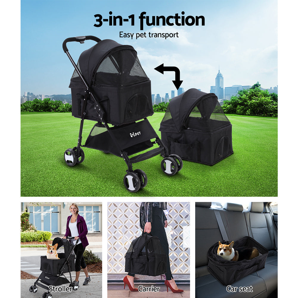 i.Pet Pet Stroller Dog Carrier Foldable Pram 3 IN 1 Middle Size Black - Pet And Farm