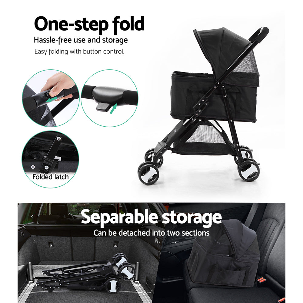 i.Pet Pet Stroller Dog Carrier Foldable Pram 3 IN 1 Middle Size Black - Pet And Farm