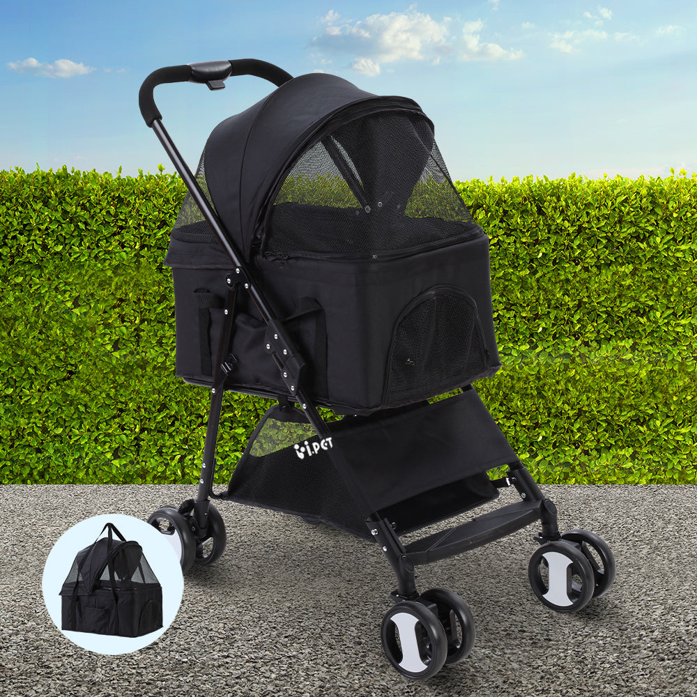 i.Pet Pet Stroller Dog Pram Cat Carrier Travel Large Pushchair Foldable 4 Wheels Black - Pet And Farm