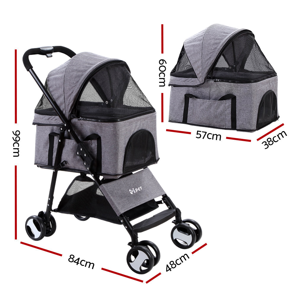 i.Pet Pet Stroller Dog Carrier Foldable Pram 3 IN 1 Middle Size Grey - Pet And Farm