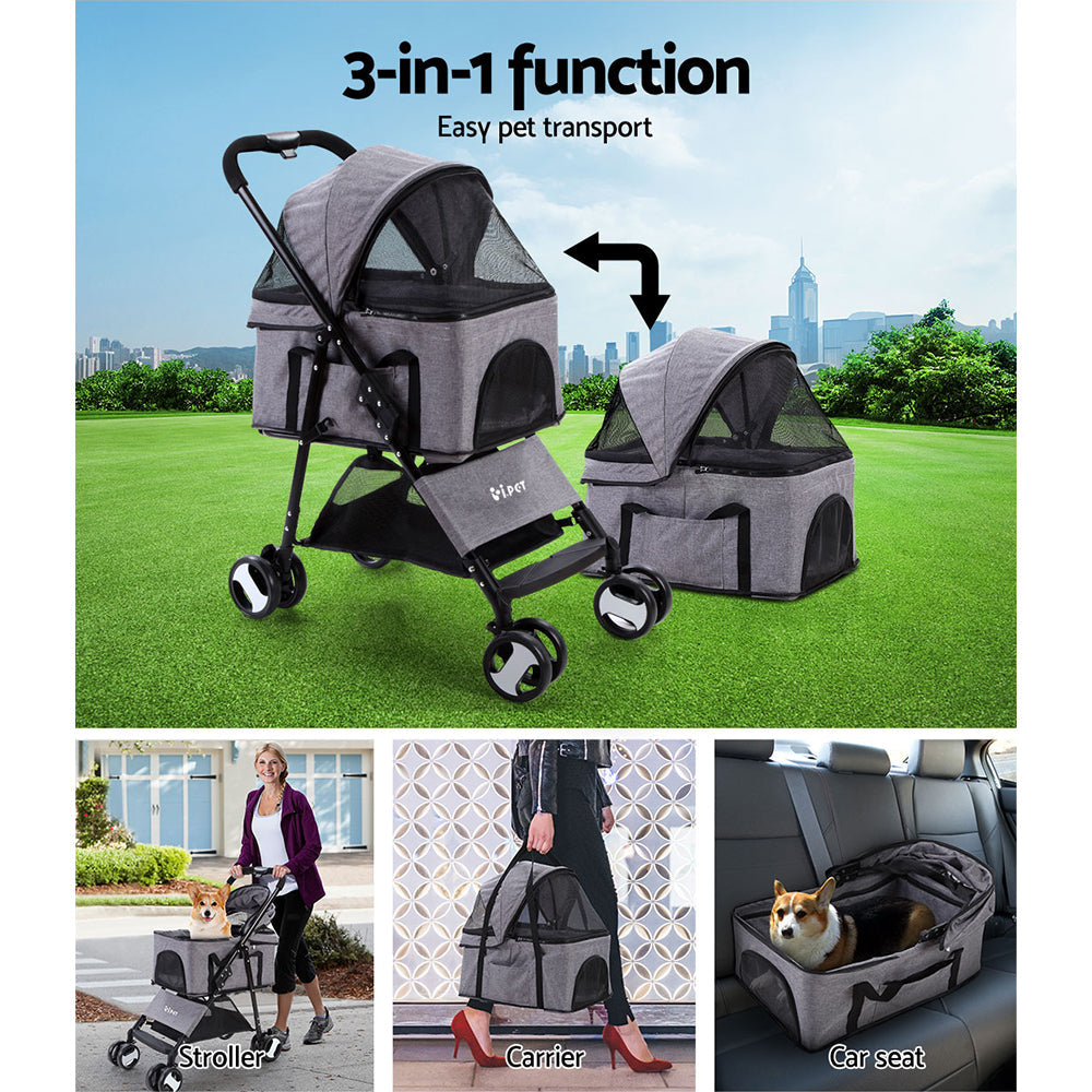i.Pet Pet Stroller Dog Carrier Foldable Pram 3 IN 1 Middle Size Grey - Pet And Farm
