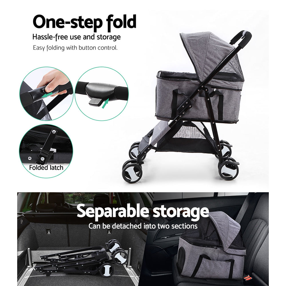 i.Pet Pet Stroller Dog Carrier Foldable Pram 3 IN 1 Middle Size Grey - Pet And Farm