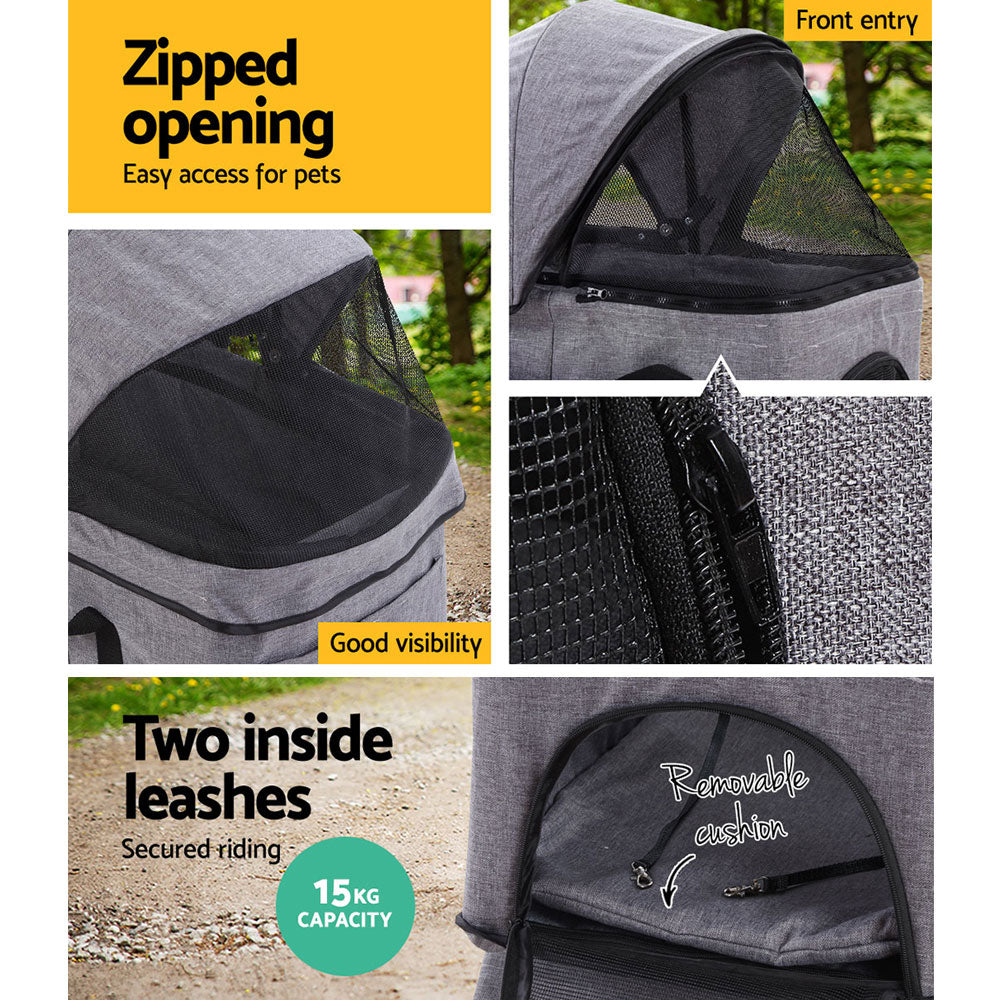 i.Pet Pet Stroller Dog Carrier Foldable Pram 3 IN 1 Middle Size Grey - Pet And Farm