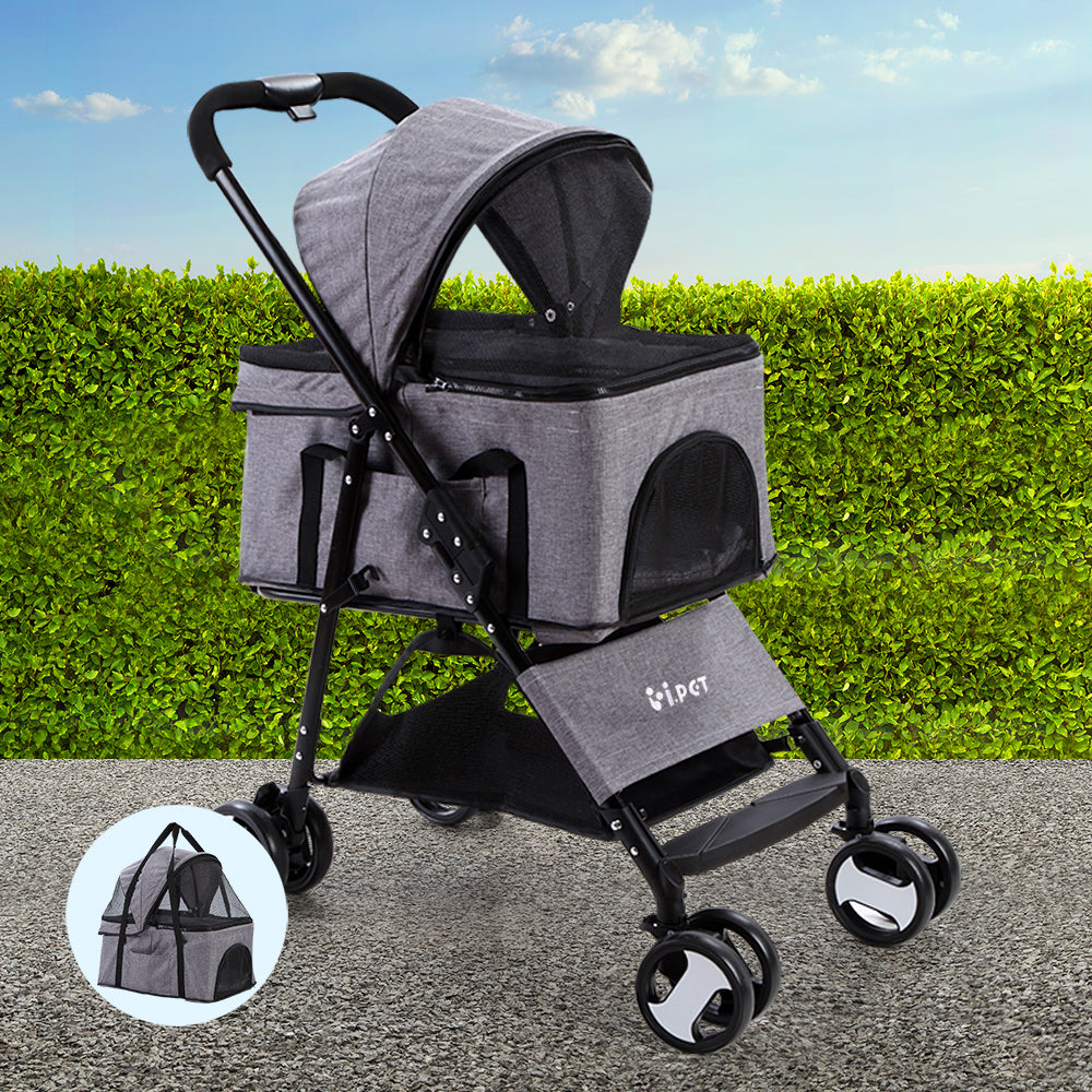 i.Pet Pet Stroller Dog Carrier Foldable Pram 3 IN 1 Middle Size Grey - Pet And Farm