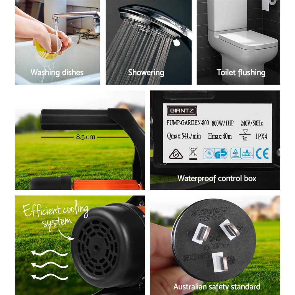 Giantz Garden Water Pump High Pressure 800W Tank Rain Farm Irrigation House Black - Pet And Farm
