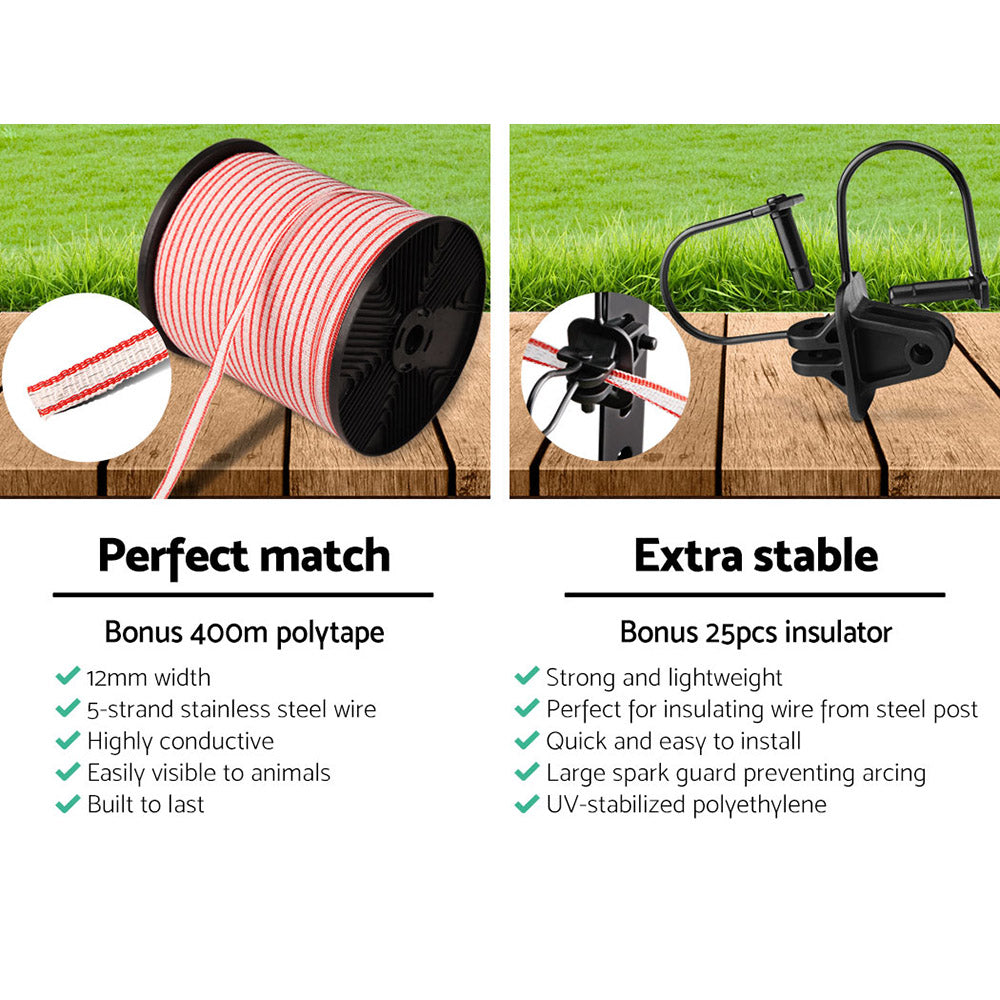 Giantz 8km Solar Electric Fence Energiser Charger with 400M Tape and 25pcs Insulators - Pet And Farm