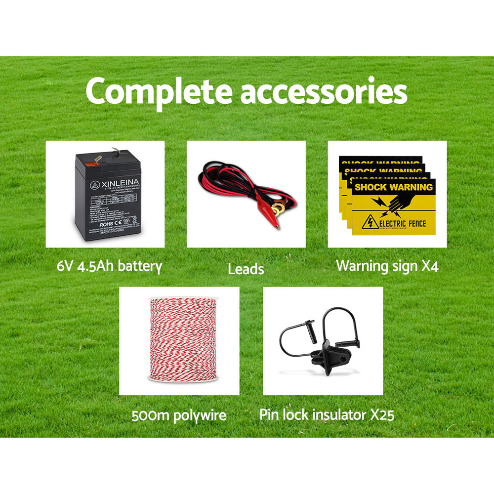 Giantz 5km Solar Electric Fence Energiser Charger with 500M Tape and 25pcs Insulators - Pet And Farm