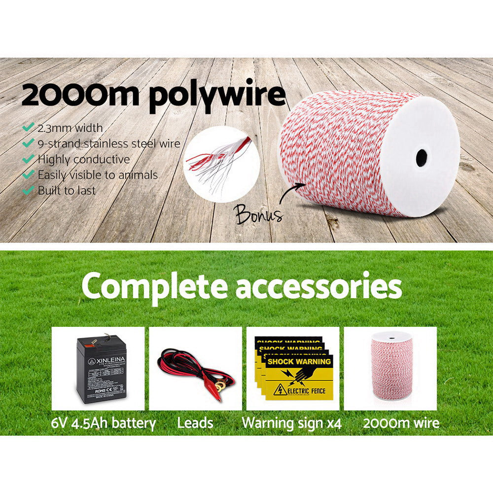 Giantz 5KM Solar Electric Fence Energiser Energizer 0.15J + 2000M Poly Fencing Wire Tape - Pet And Farm