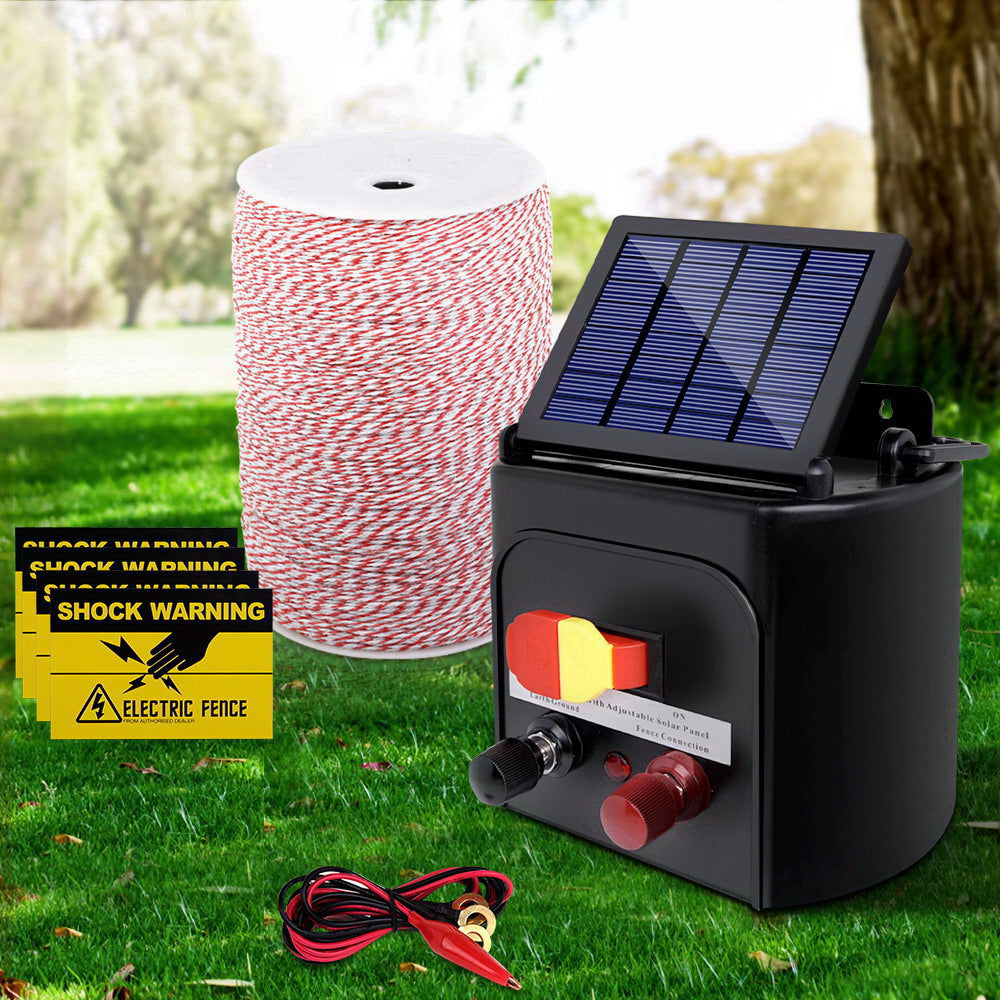 Giantz 5KM Solar Electric Fence Energiser Energizer 0.15J + 2000M Poly Fencing Wire Tape - Pet And Farm