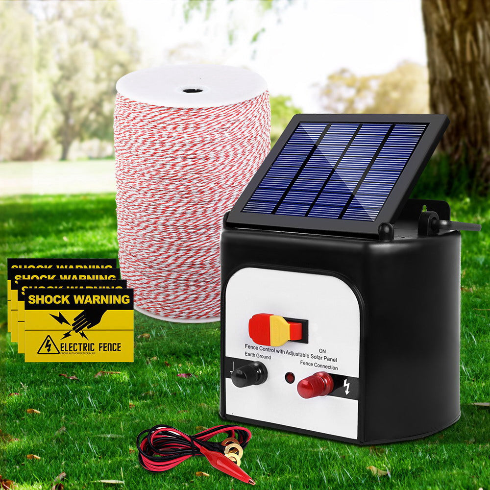 Giantz 8KM Solar Electric Fence Energiser Energizer 0.3J + 2000M Poly Fencing Wire Tape - Pet And Farm