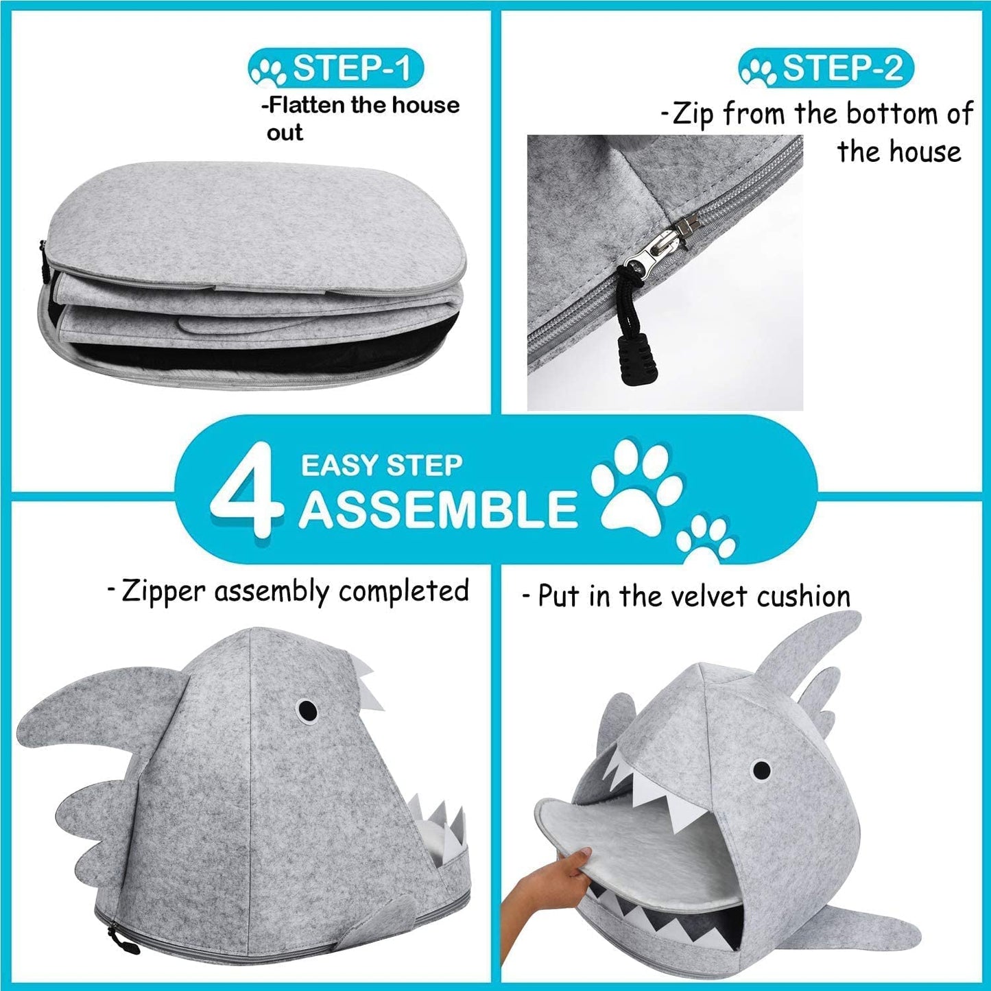 Shark Shape Pet Cave Bed for Cats andSmall Dogs 45 x 45 x 38 cm (Light Grey) - Pet And Farm
