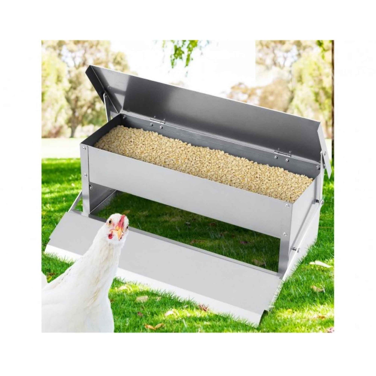 6.5L Automatic Chook Chicken Feeder Poultry Auto Treadle Galvanised Metal Coop - Pet And Farm