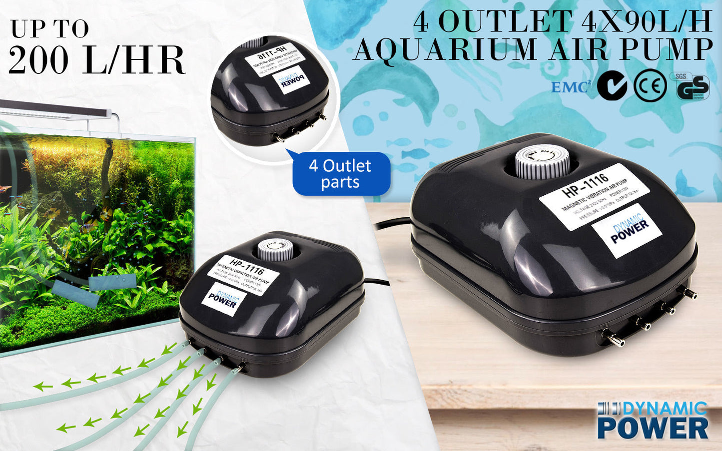 Dynamic Power Aquarium Air Pump Oxygen Hydroponic 4 Outlet 360L/H 13W - Pet And Farm