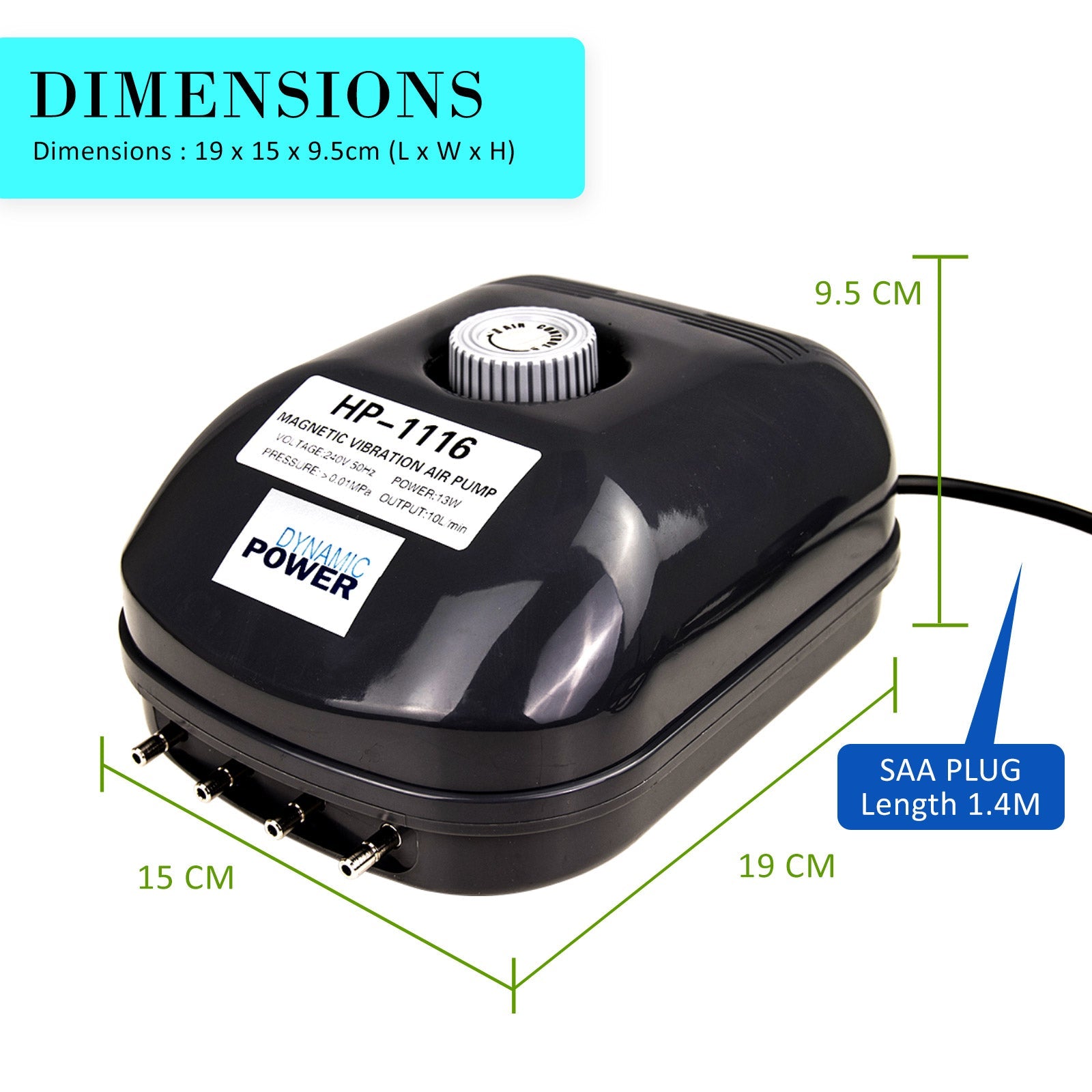 Dynamic Power Aquarium Air Pump Oxygen Hydroponic 4 Outlet 360L/H 13W - Pet And Farm