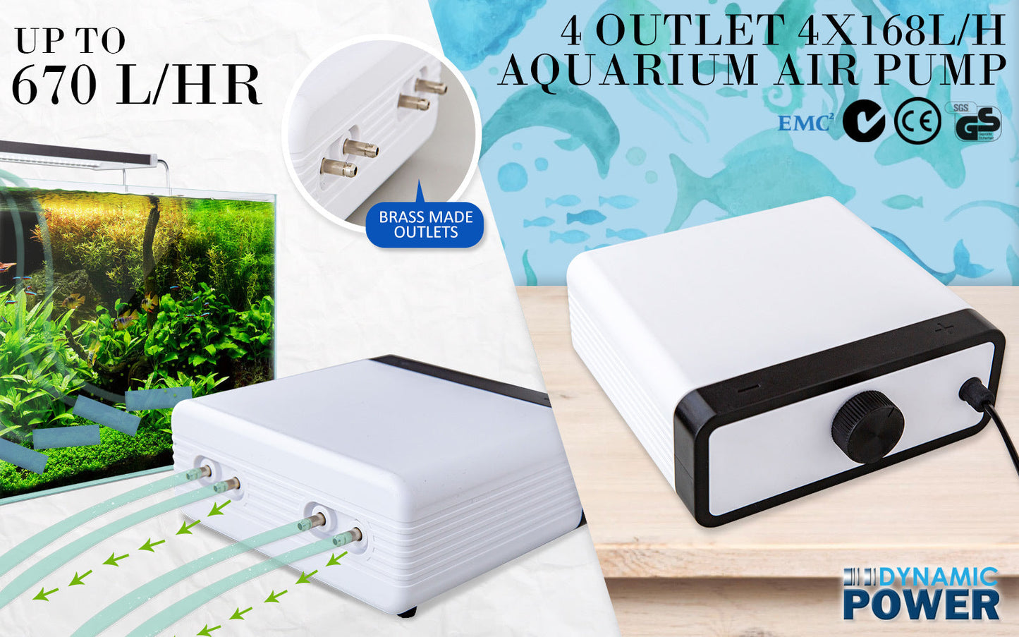 Dynamic Power White Aquarium Air Pump Oxygen Hydroponic 4 Outlet 670L/H 8W - Pet And Farm
