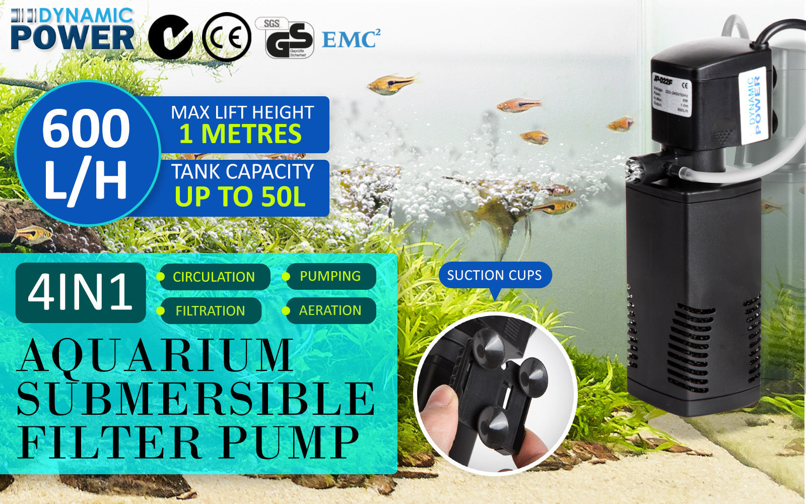 Dynamic Power Aquarium Submersible Filter 600L/H 8W 1m Pond Pump - Pet And Farm