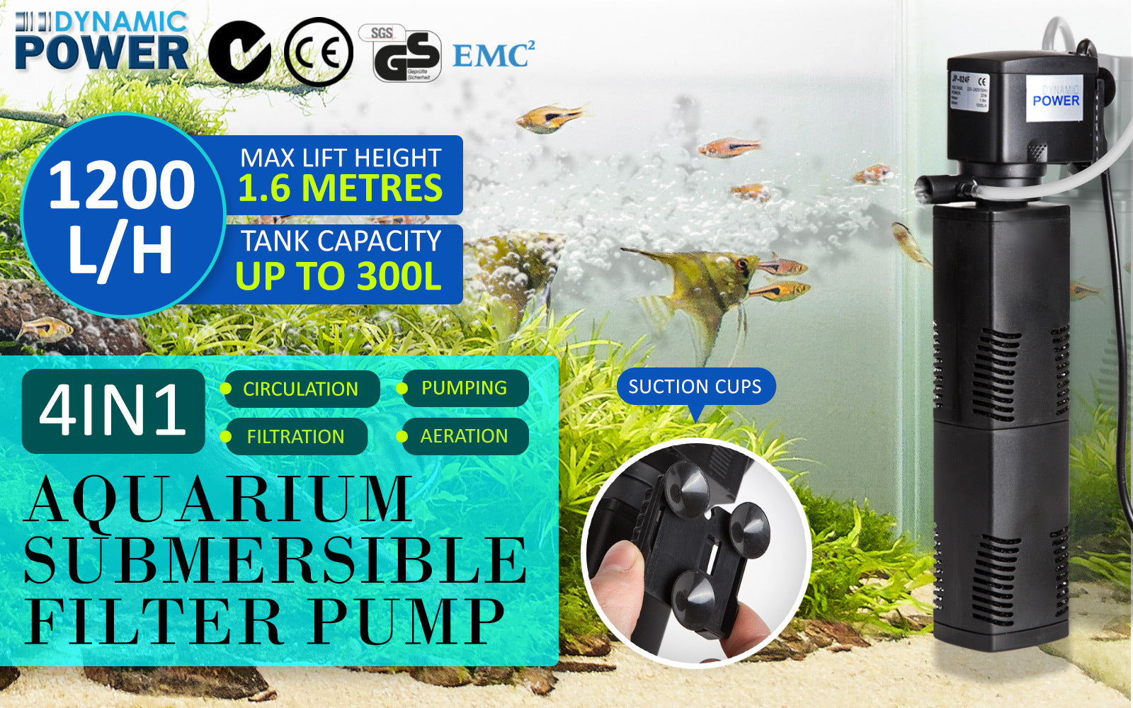 Dynamic Power Aquarium Submersible Filter 1200L/H 22W 1.6m Pond Pump - Pet And Farm