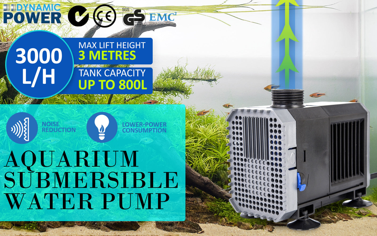 Dynamic Power Aquarium Submersible Water Pump 3000L/H 55W 3m Pond - Pet And Farm