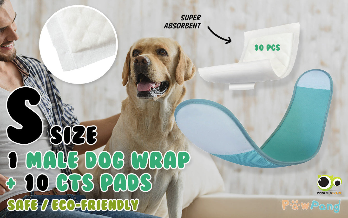 PawPang S Dog Wrap Reusable Male + 10 Ct S Diaper Booster Pads Disposable - Pet And Farm