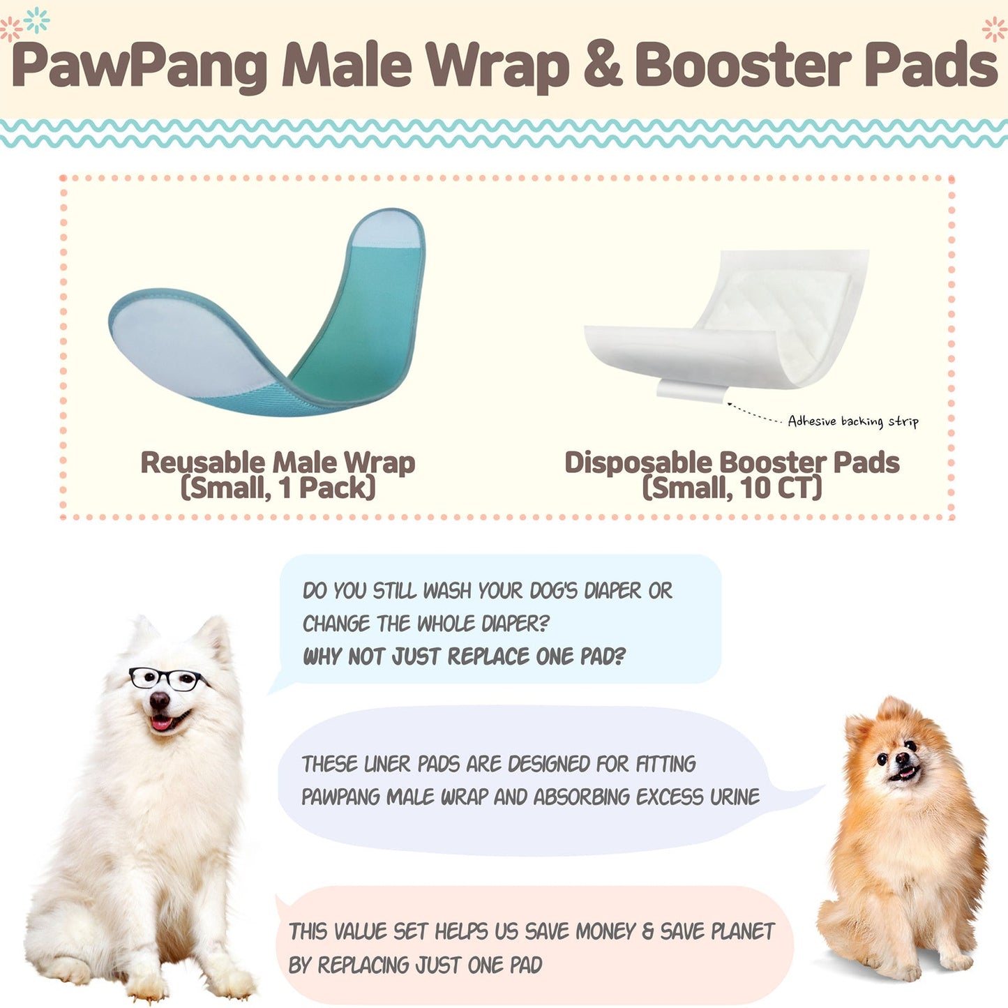 PawPang S Dog Wrap Reusable Male + 10 Ct S Diaper Booster Pads Disposable - Pet And Farm