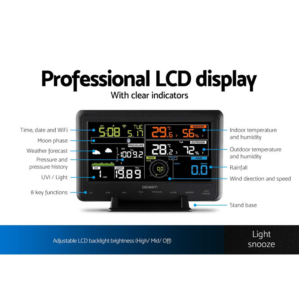 Devanti Wireless WiFi Professional Weather Station Solar Sensor LCD UV Light - Pet And Farm