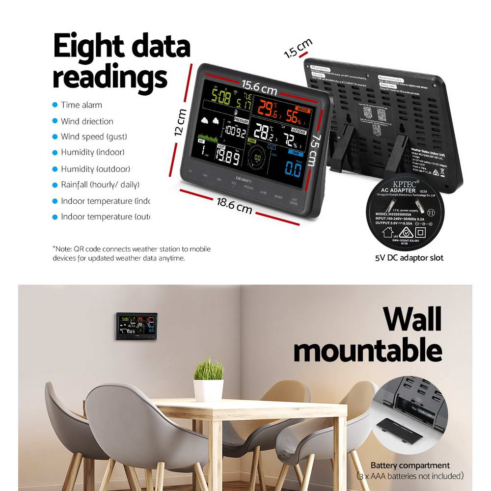 Devanti Wireless WiFi Professional Weather Station Solar Sensor LCD UV Light - Pet And Farm