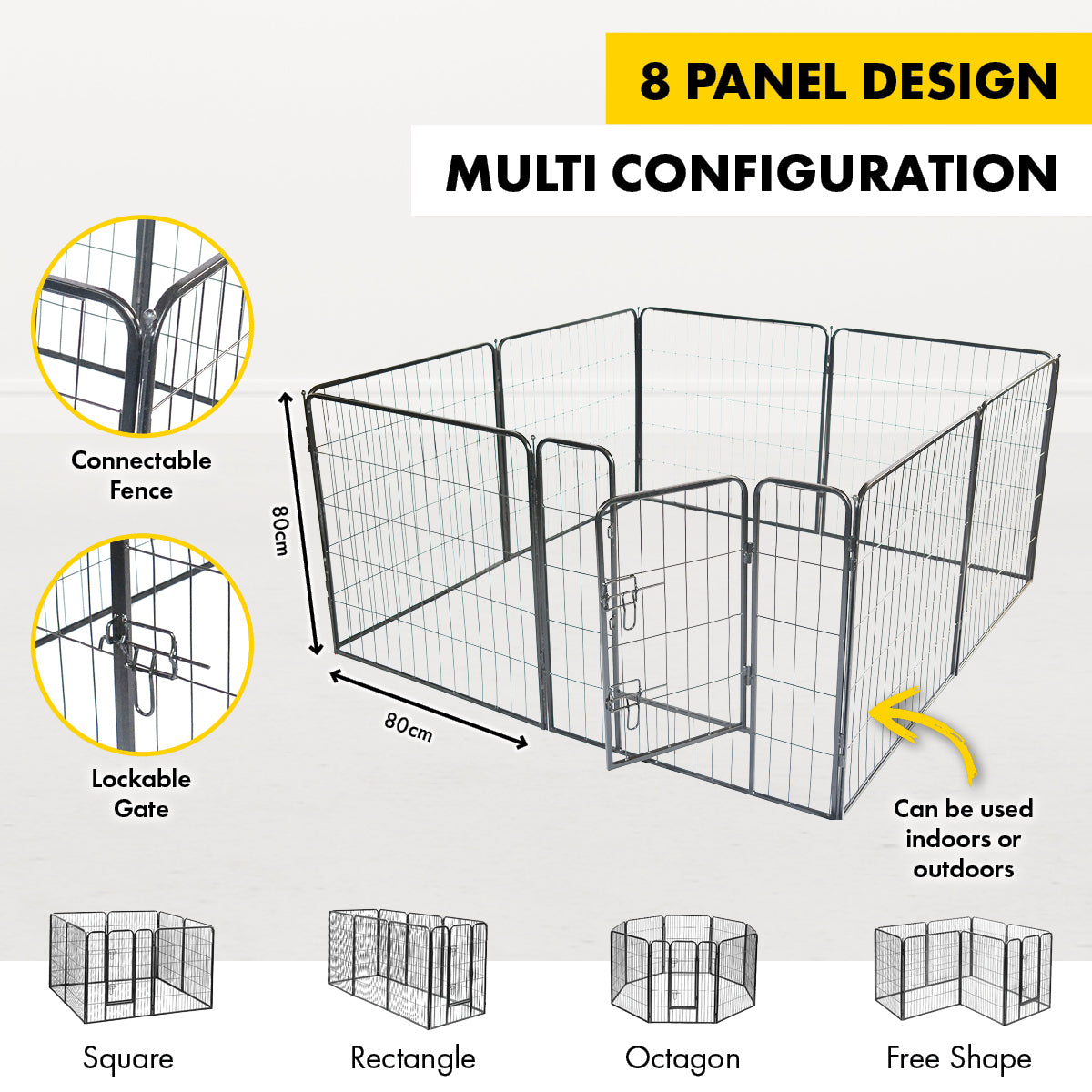 Pet Basic 8 Panel Pet Playpen Exercise Enclosure Cage Puppy Dog 80cm x 80cm - Pet And Farm