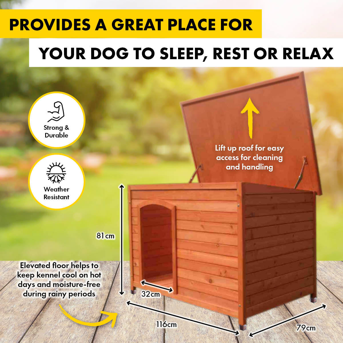 Pet Basic Dog Kennel Weather Resistant Timber Elevated Lift Top Roof 116cm - Pet And Farm