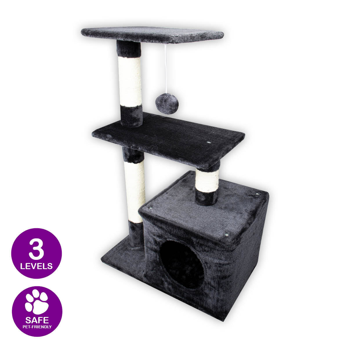 Pet Basic 3 Level Cat Scratching Tower & Playhouse Scratch 80 x 40 x 50cm - Pet And Farm