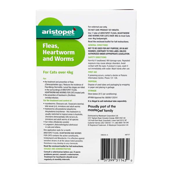 Aristopet Fleas, Heartworm & Worms Spot-on Treatment for Cats over 4kg - Pet And Farm