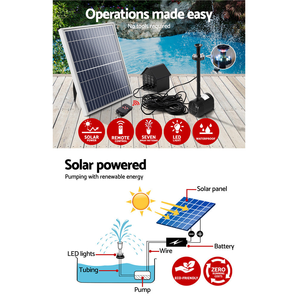 Solar Pond Pump with Battery Powered Submersible Kit LED Light & Remote 8.8 FT - Pet And Farm