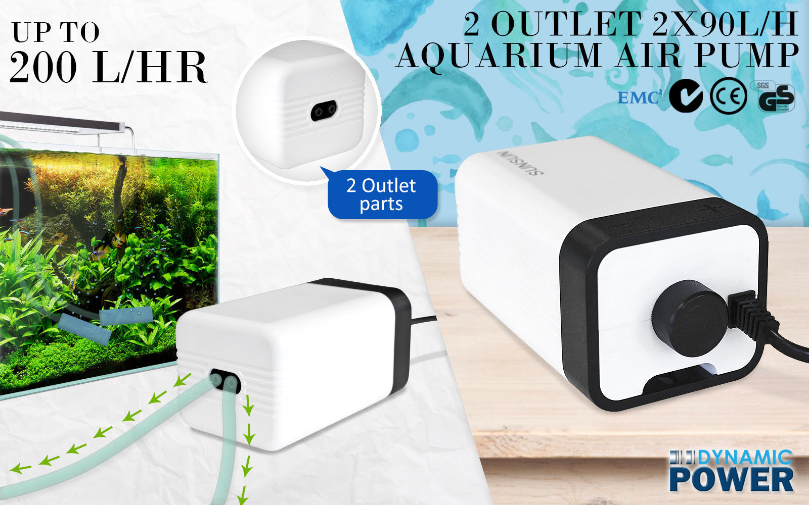 Dynamic Power Aquarium Air Pump Oxygen Hydroponic 2 Outlet 180L/H 4W - Pet And Farm