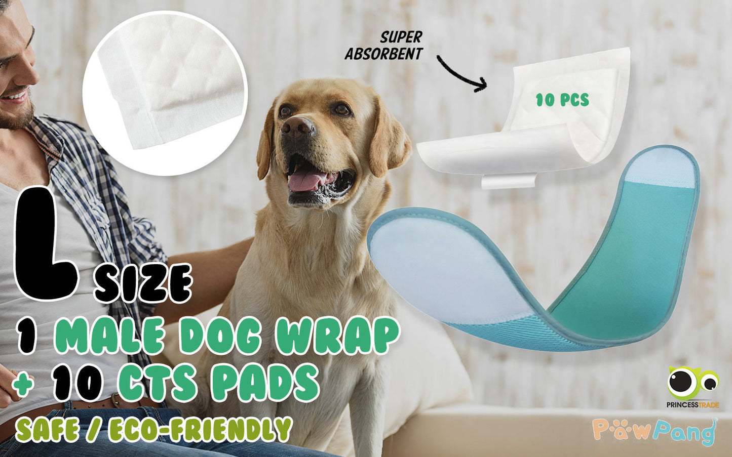 PawPang L Dog Wrap Reusable Male + 10 Ct M Diaper Booster Pads Disposable - Pet And Farm