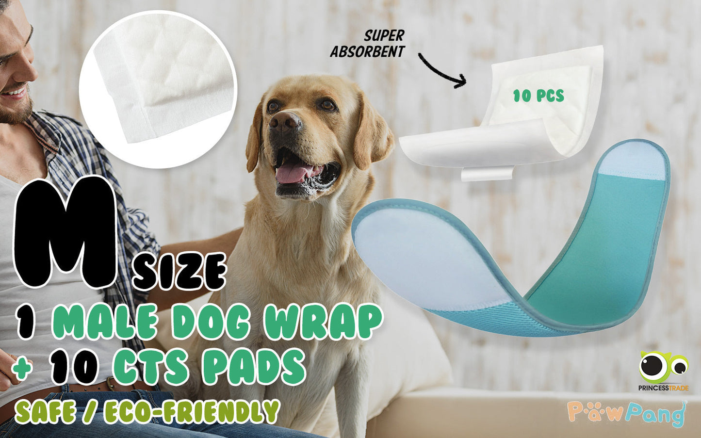 PawPang M Dog Wrap Reusable Male + 10 Ct M Diaper Booster Pads Disposable - Pet And Farm