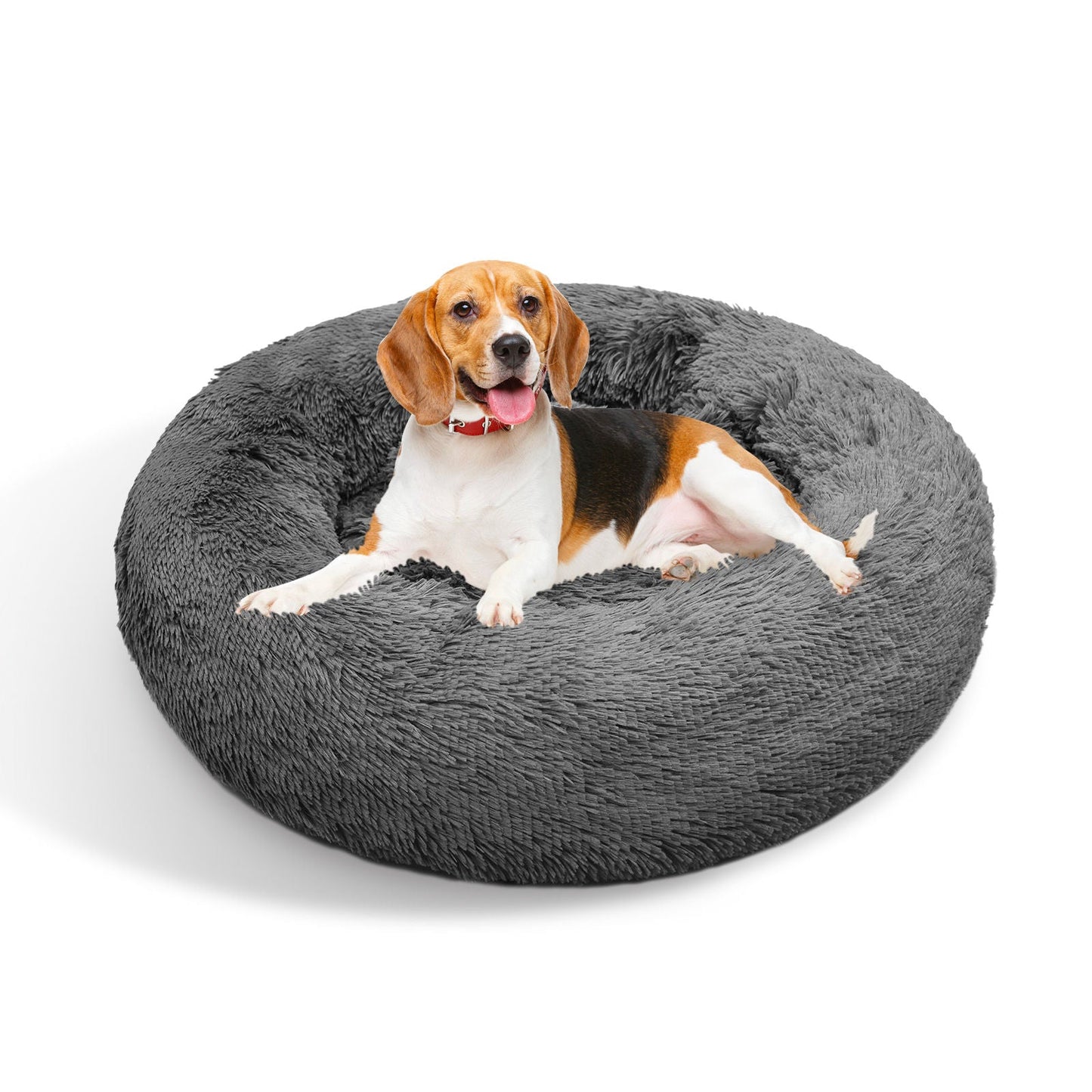 Dog Pet Cat Calming Bed Warm Plush Round Nest Comfy Sleeping Bed Dark Grey 90cm - Pet And Farm
