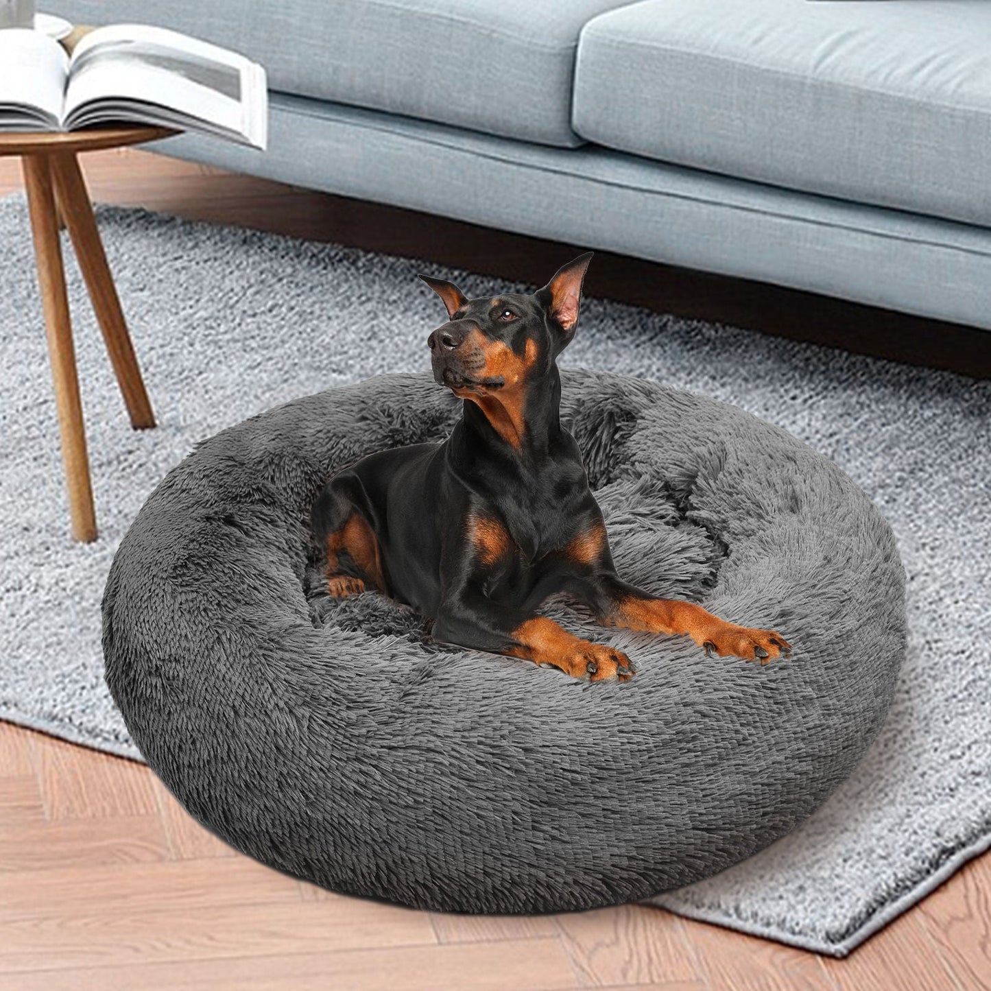 Dog Pet Cat Calming Bed Warm Plush Round Nest Comfy Sleeping Bed Dark Grey 70cm - Pet And Farm