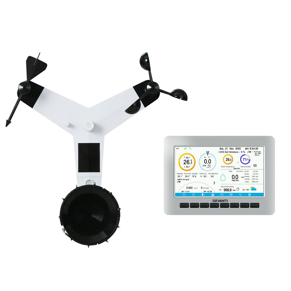 Devanti Weather Station Indoor Outdoor Wireless WiFi Rain Gauge Anemometer Solar - Pet And Farm