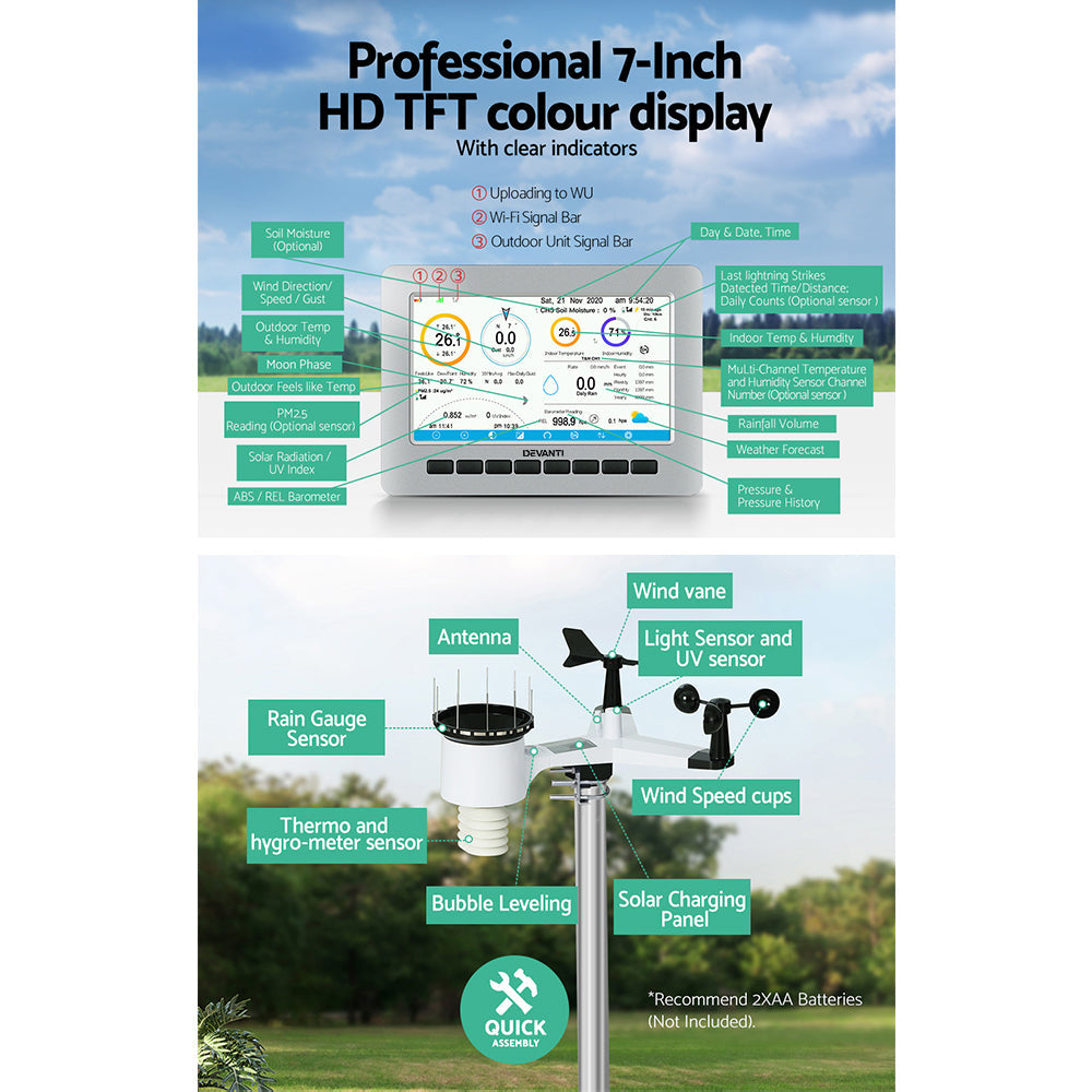 Devanti Weather Station Indoor Outdoor Wireless WiFi Rain Gauge Anemometer Solar - Pet And Farm
