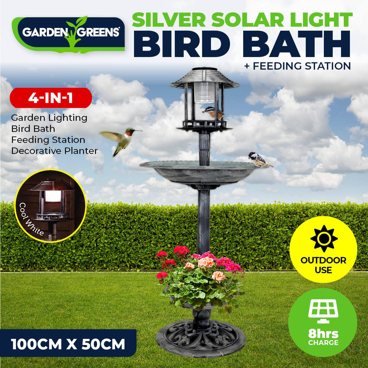 Garden Greens 1M Bird Bath Solar Power With Feeding Station and Lights - Pet And Farm