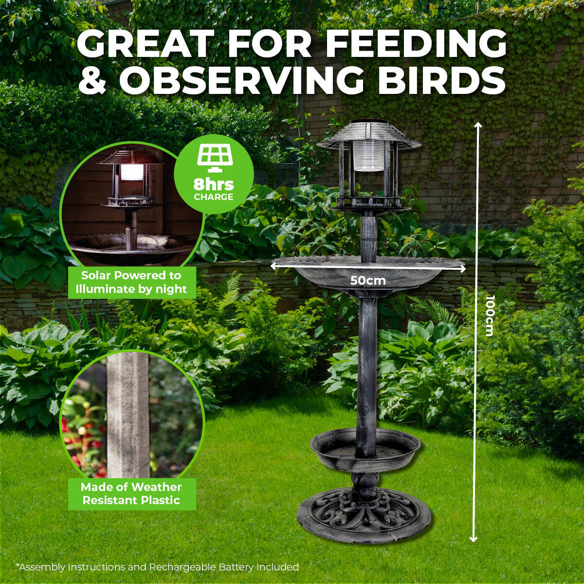 Garden Greens 1M Bird Bath Solar Power With Feeding Station and Lights - Pet And Farm