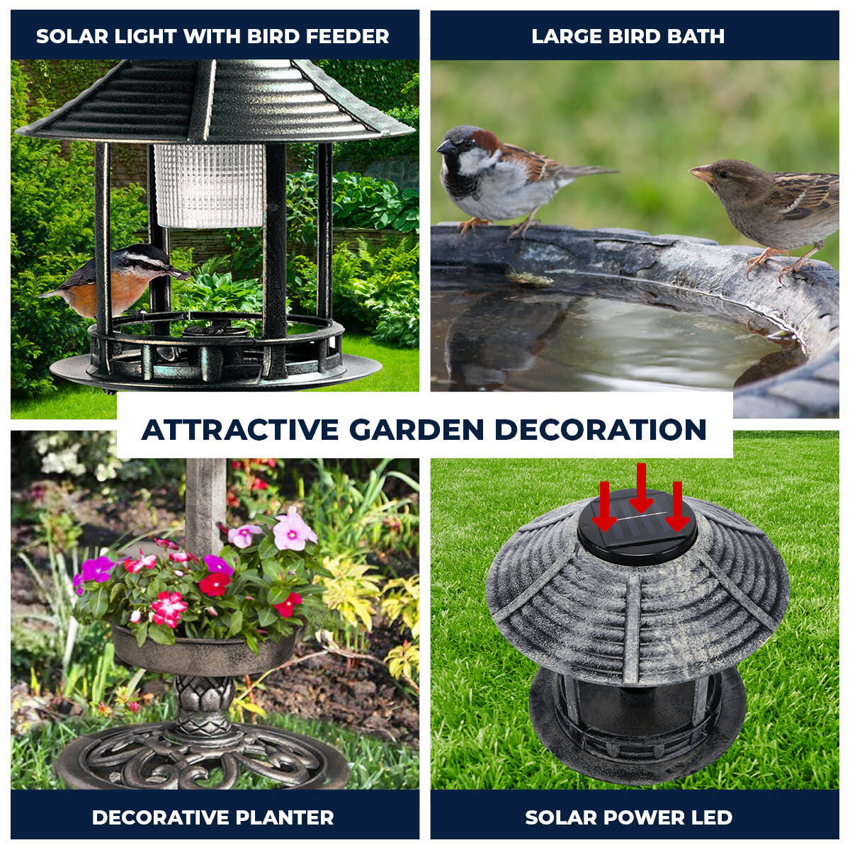Garden Greens 1M Bird Bath Solar Power With Feeding Station and Lights - Pet And Farm