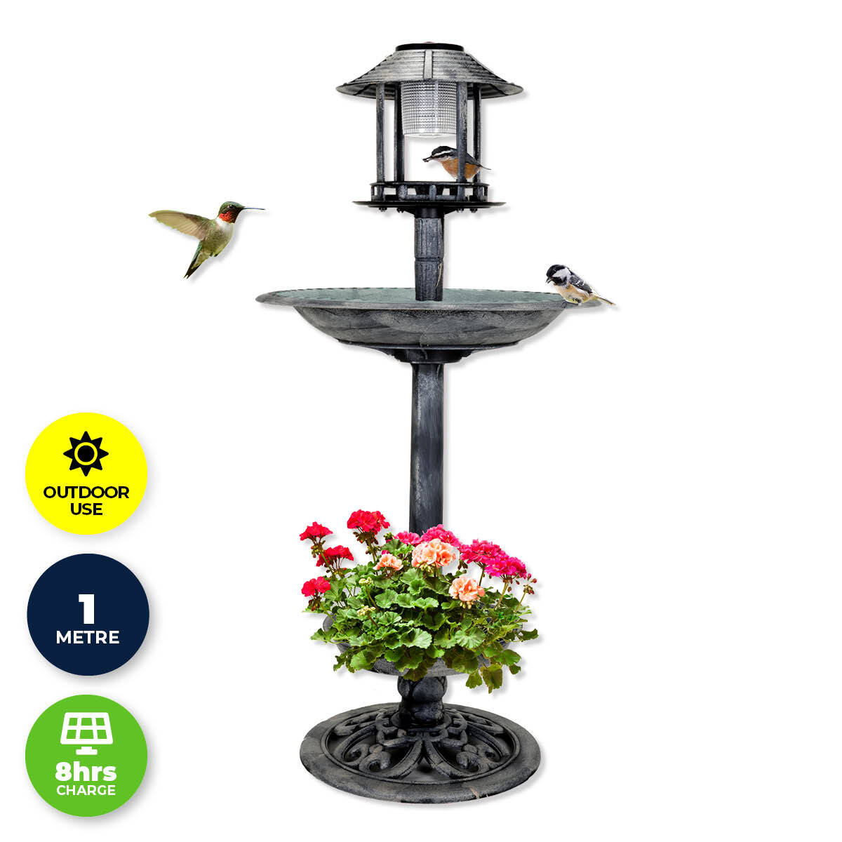 Garden Greens 1M Bird Bath Solar Power With Feeding Station and Lights - Pet And Farm