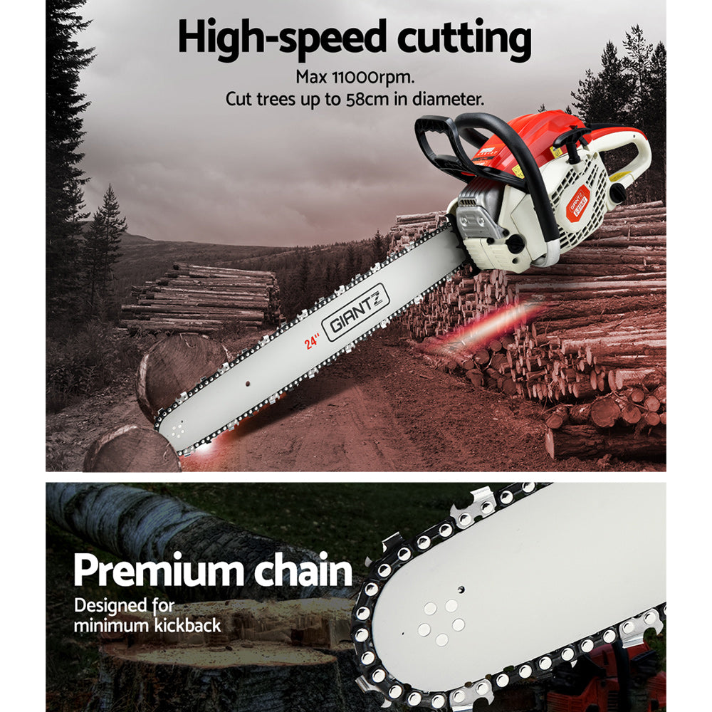 Giantz 65cc Petrol Chainsaw 24 Inch Bar Chain Saw Tree Pruner 2 Stroke E-Start - Pet And Farm 