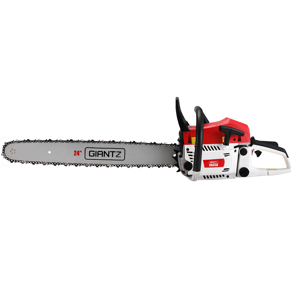 Giantz 62cc Chainsaw Petrol Commercial 24" Bar E-Start Tree Chain Saw 5.2HP - Pet And Farm 