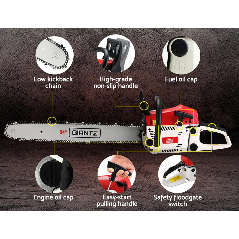 Giantz 62cc Chainsaw Petrol Commercial 24" Bar E-Start Tree Chain Saw 5.2HP - Pet And Farm 