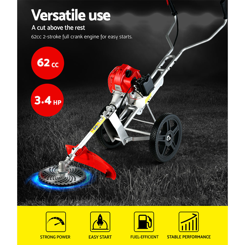 Giantz 62cc Petrol Brush Cutter Whipper Saw Trimmer 2 Stroke 3-in-1 Wheel - Pet And Farm 