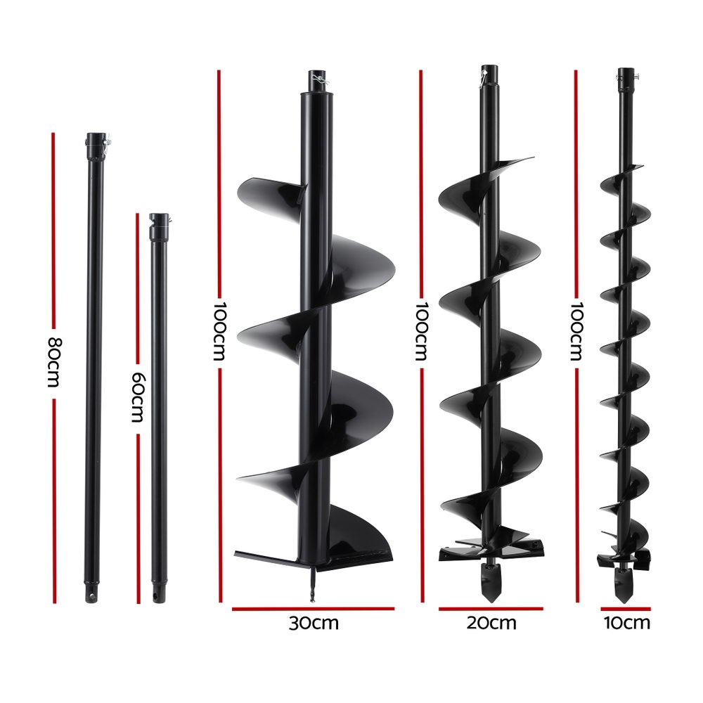 Giantz Post Hole Digger Auger Drill Bit Set 100mm 200mm 300mm Carbon Steel Black - Pet And Farm 